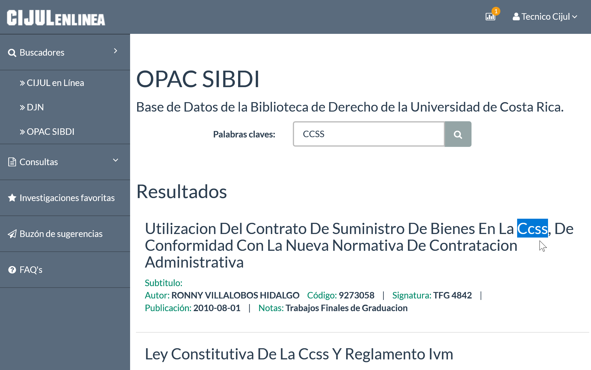 Resultados búsqueda OPAC- SIBDI | CIJUL en línea